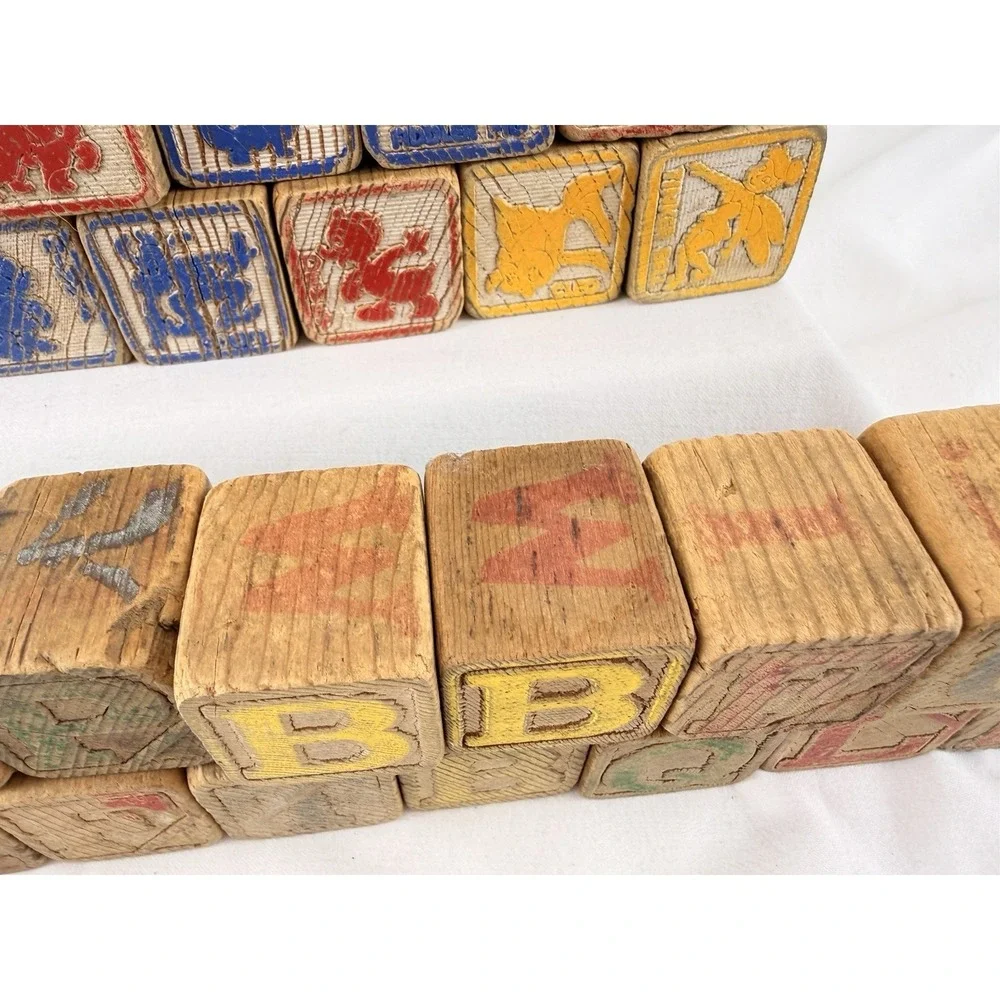 Vintage Wooden Alphabet Blocks‎ ABC Picture Toy Set 44 Nursery Rhyme Animals